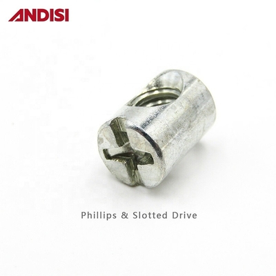 Muebles M6 M8 Cabeza cruzada Phillips Drive Encajada en una tuerca de barril con acabado zincado